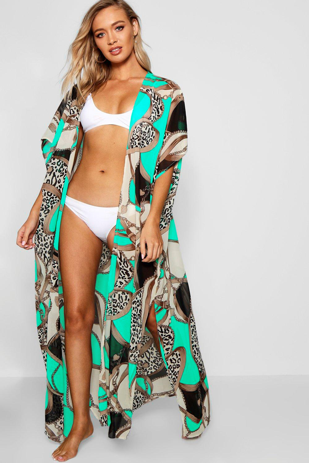 F4758 Boohoo Chain Print Maxi Beach Kimono Femme blue